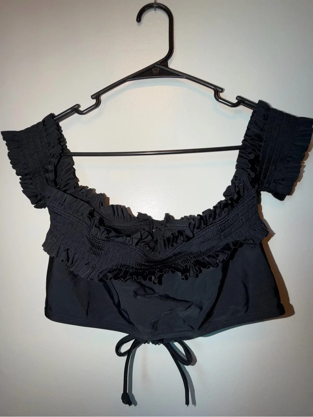 Black Ruffled Lace-Up swim top